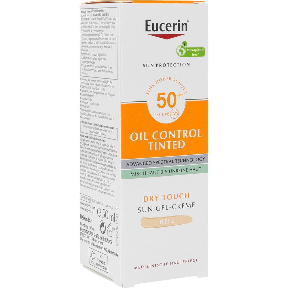 Sonnencreme Eucerin Oil Control Tinted, LSF 50+, für Mischhaut bis unreine Haut.