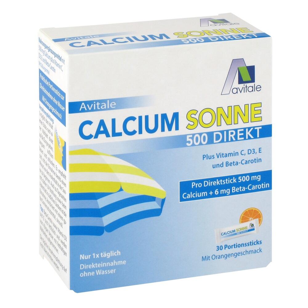 Wei&szlig;e Packung mit blauer und gelber Aufschrift f&uuml;r Calcium-Supplement mit Orangen-Geschmack.