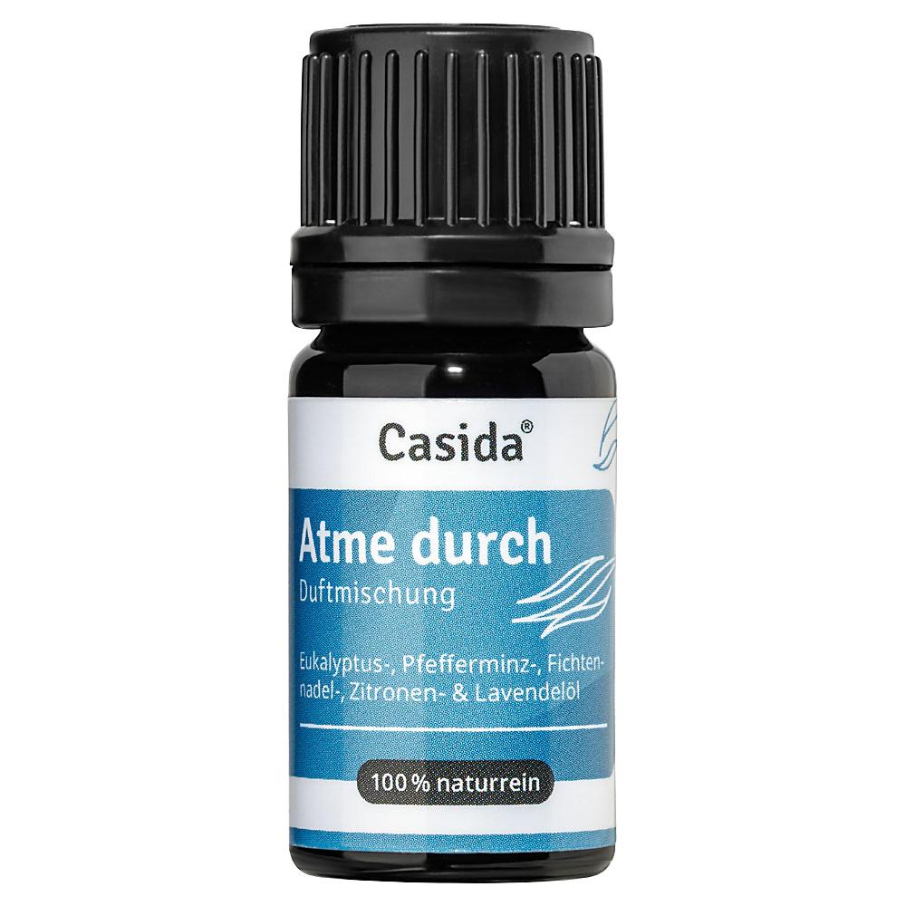 Kleine Flasche mit ätherischen Ölen und der Aufschrift "Atme durch".