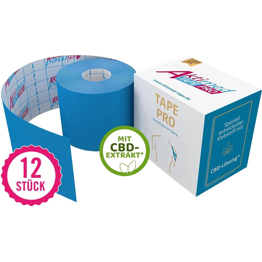 Eine blaue Kinesiologie-Tape-Rolle neben einer wei&szlig;en Verpackung mit CBD-Extrakt.