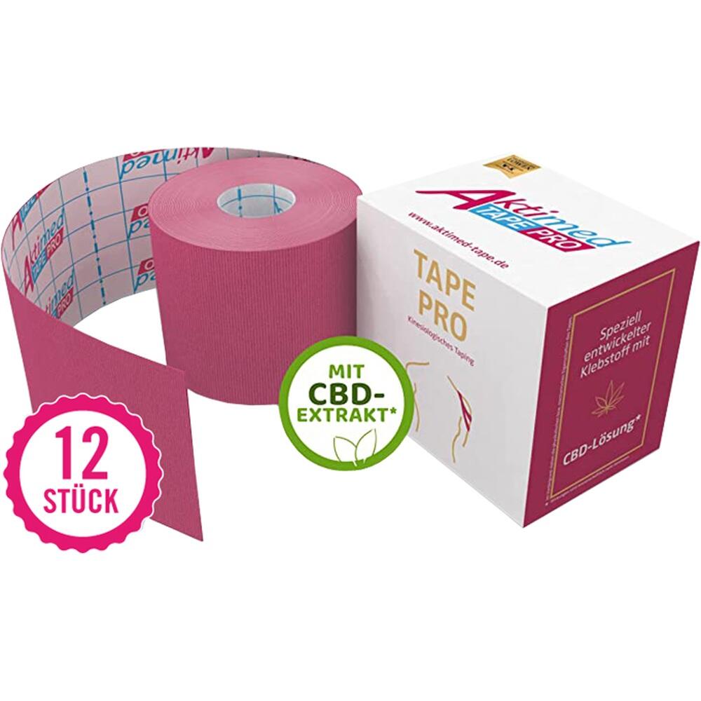 Eine Rolle pinkes Kinesiotape neben einer wei&szlig;en Schachtel mit CBD-Extrakt.