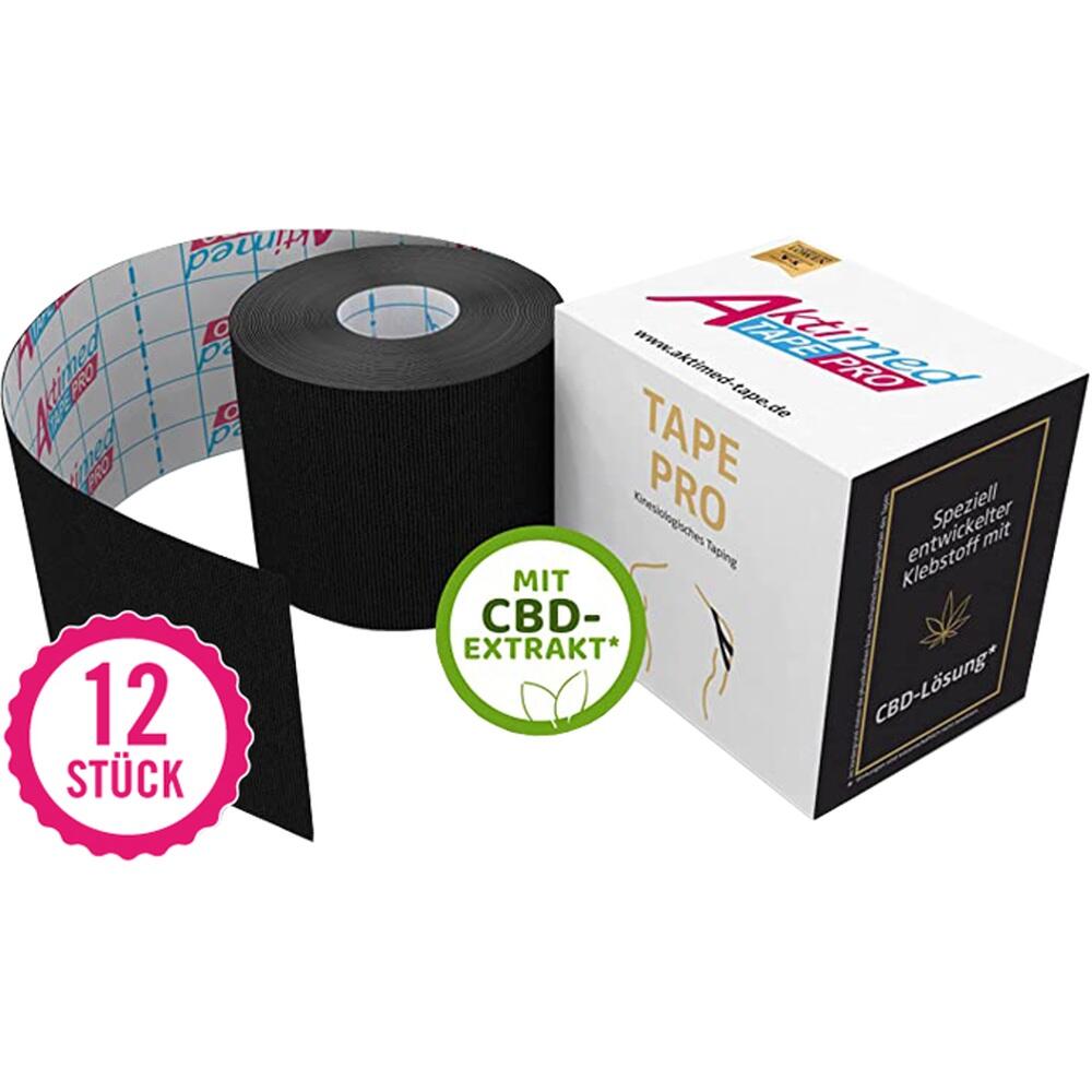 Schwarzes Klebeband und wei&szlig;e Box mit CBD-Extrakt f&uuml;r Taping, 12 St&uuml;ck.