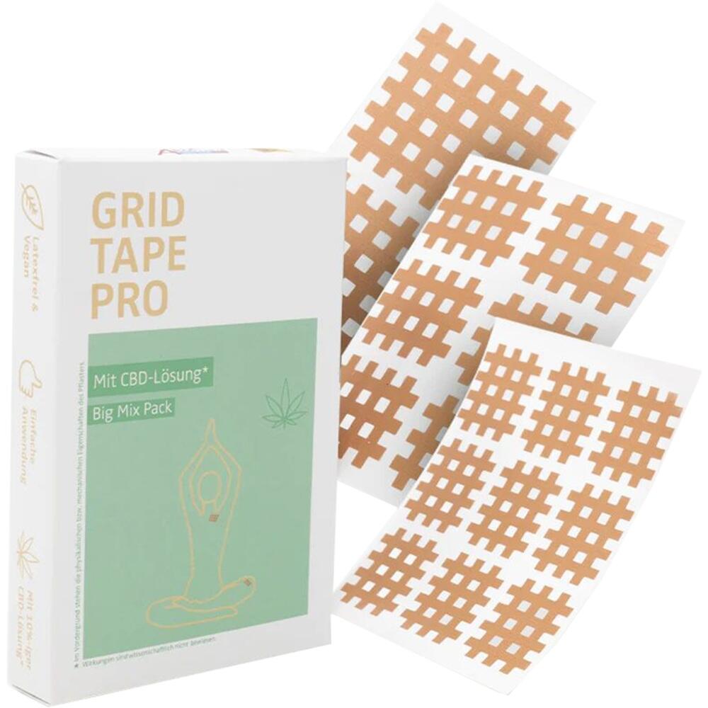 Eine Packung mit Gitterklebeband und zwei B&ouml;gen mit Pflastern.