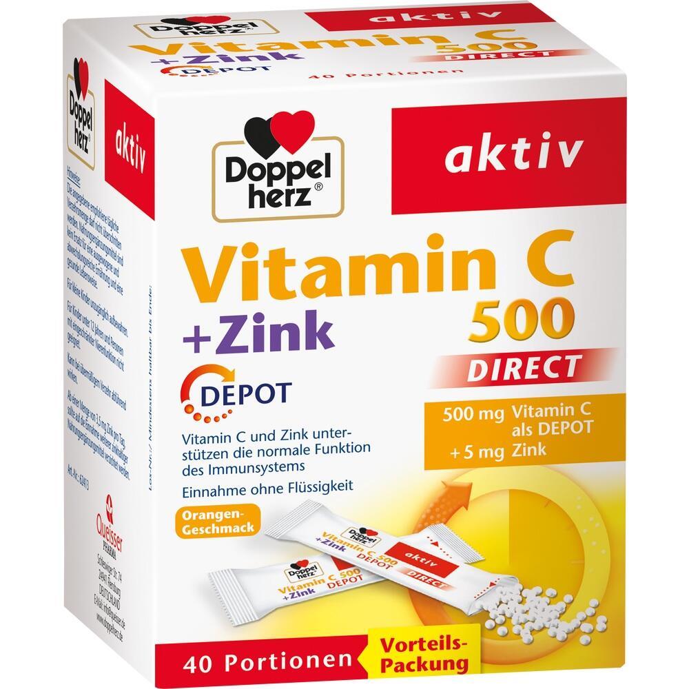 Packung mit Vitamin C und Zink zur Unterstützung des Immunsystems, mit Orangengeschmack.