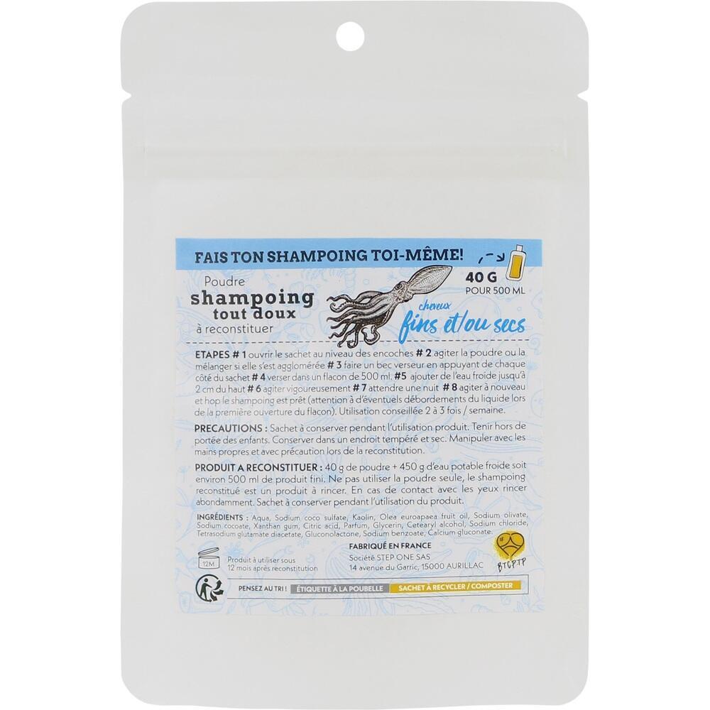 Eine T&uuml;te mit Pulver zur Herstellung eines sanften Shampoos f&uuml;r feines und trockenes Haar.