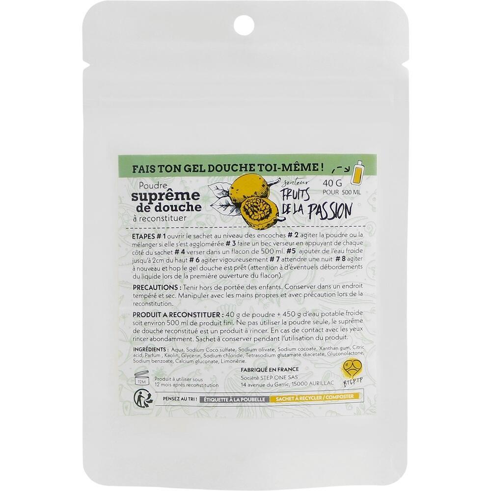 Wei&szlig;e Verpackung mit Anweisungen zur Herstellung von Duschgel, Duft Passionsfrucht.
