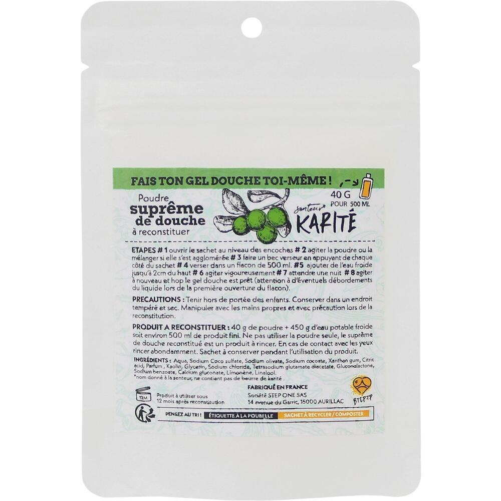 Eine wei&szlig;e T&uuml;te mit Anleitung zur Herstellung eines Duschgels aus Pulver.