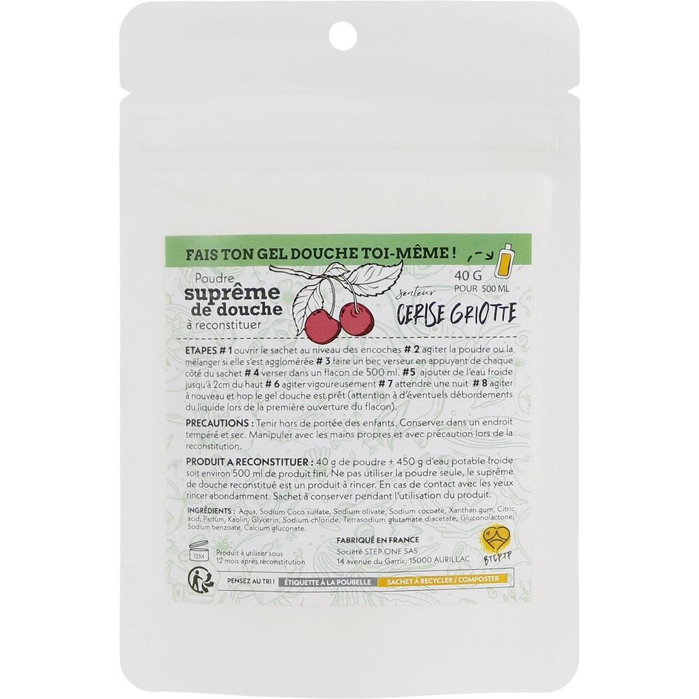 T&uuml;te mit Duschgierpulver zum Selbermachen, auf Franz&ouml;sisch beschriftet.