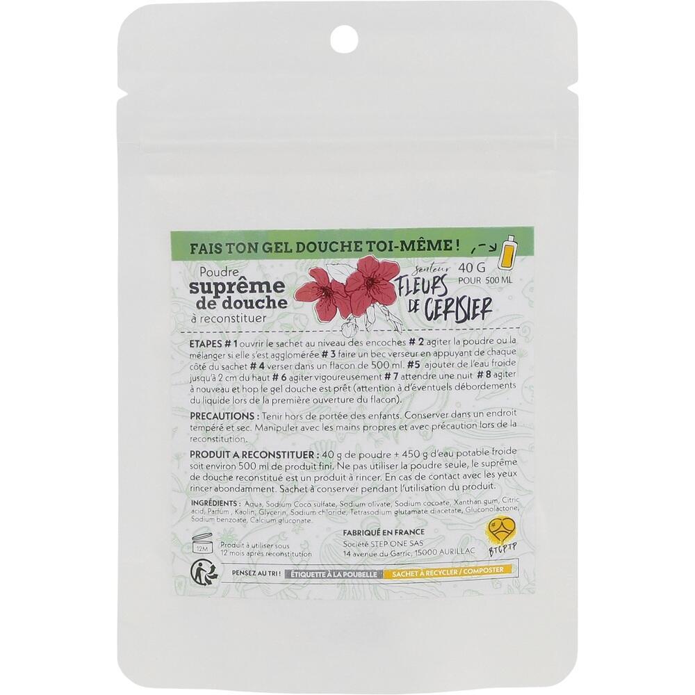 Verpackung mit Anleitung zur Herstellung von Duschgel aus Pulver mit Kirschbl&uuml;tenduft.