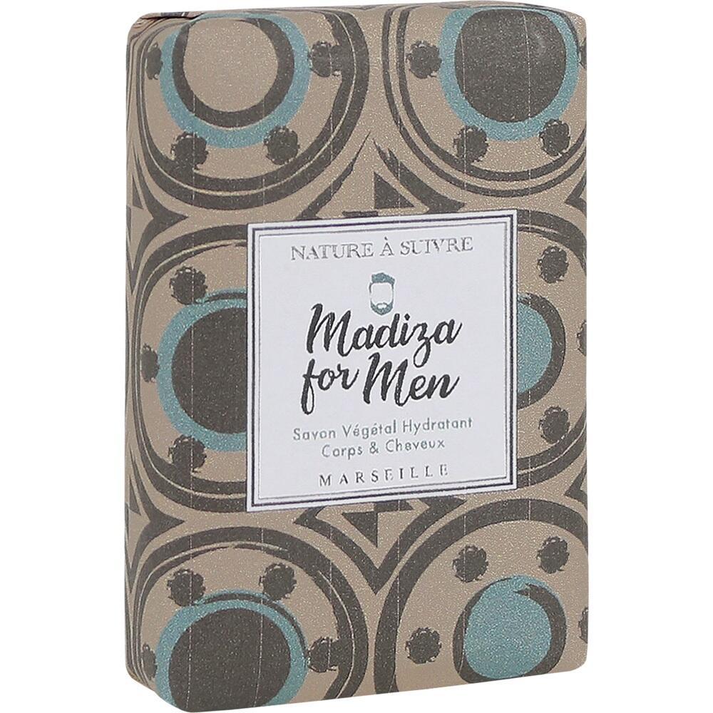 Eine Seife mit dem Namen "Madiza for Men" in bunter Verpackung.