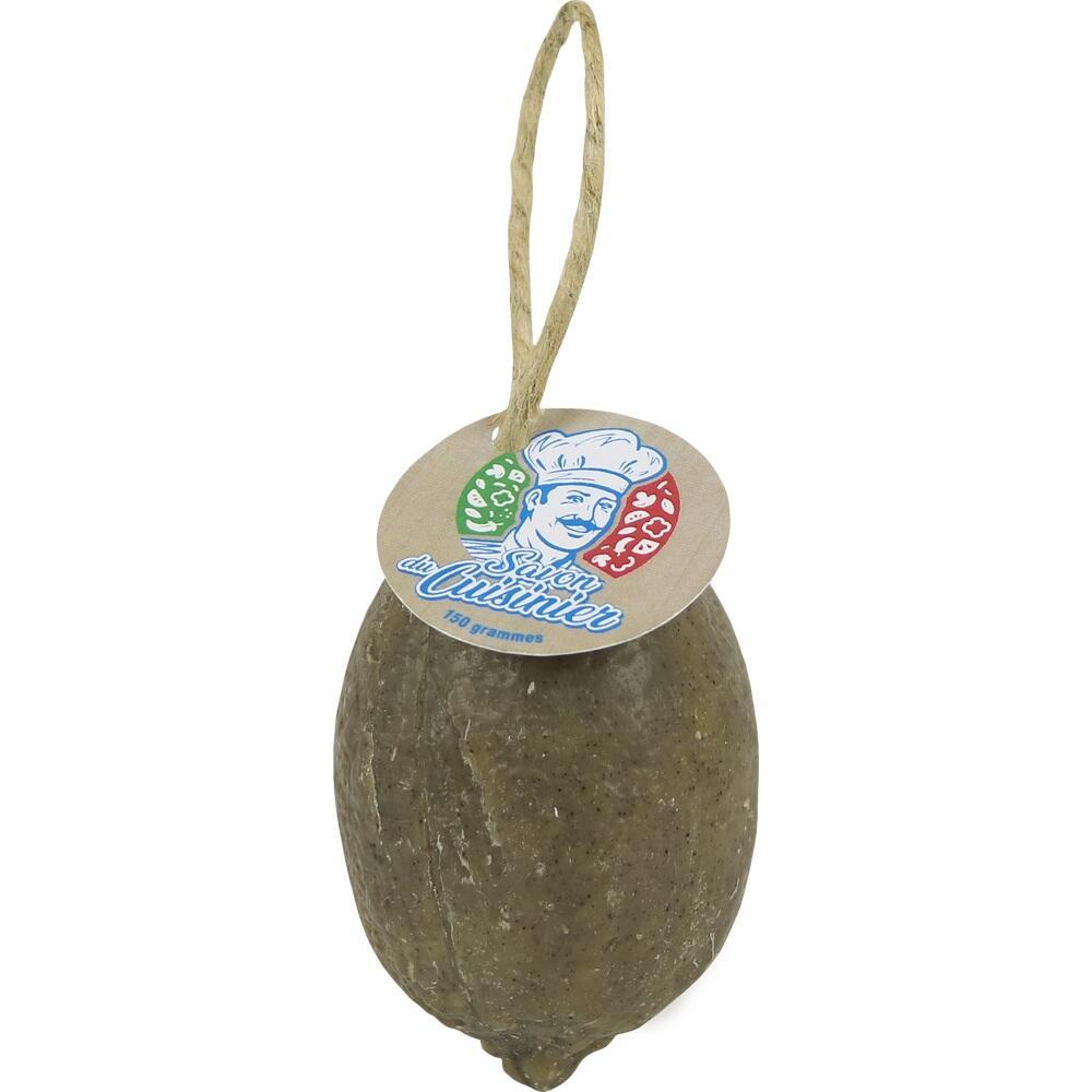 Ein braunes Seifenst&uuml;ck mit einer Verpackung, die ein Koch-Logo zeigt.