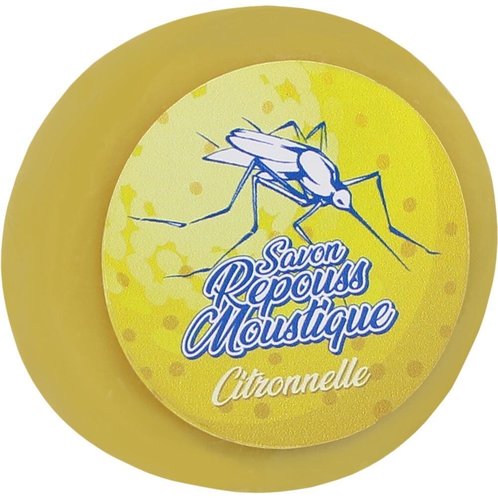 Runde gelbe Seife mit M&uuml;ckenschutz und Zitronengras-Duft.