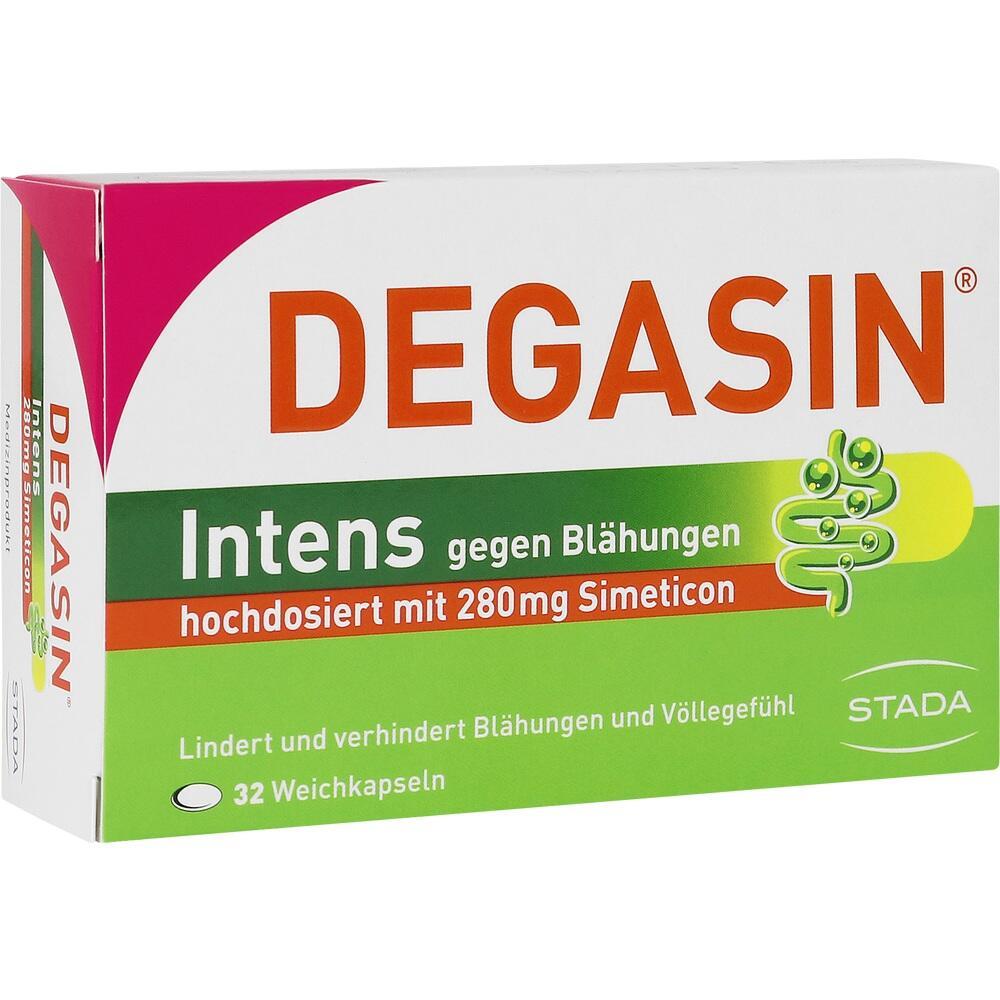 Packung mit 32 Kapseln gegen Blähungen, enthält 280 mg Simeticon.