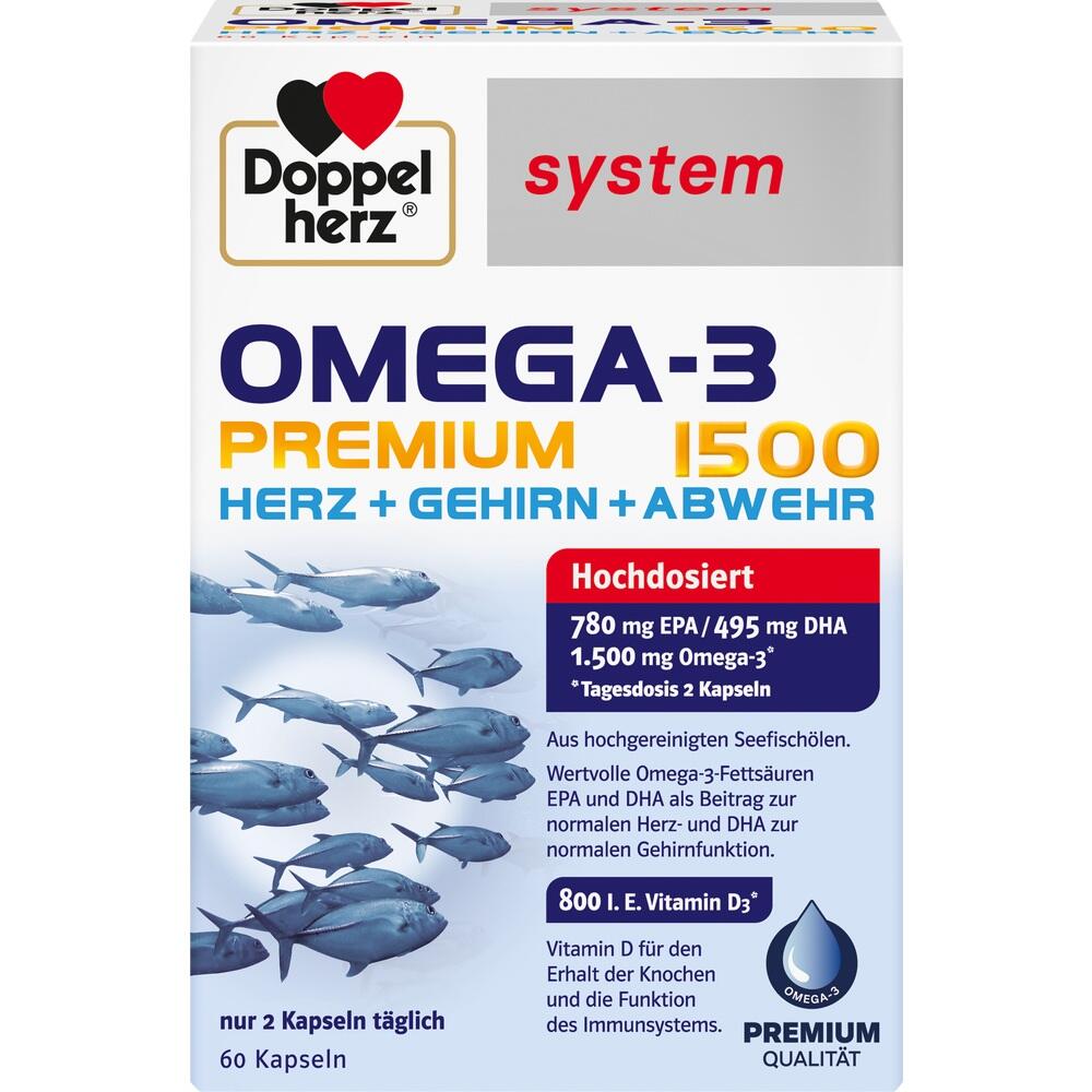 Schachtel von Doppelherz Omega-3 Kapseln mit Fischmotiv und Infos zu Inhaltsstoffen.