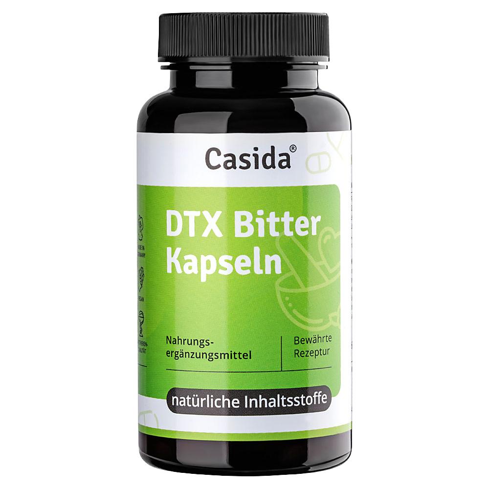 Schwarze Dose mit grüner Etikette: "DTX Bitter Kapseln" und "natürliche Inhaltsstoffe".