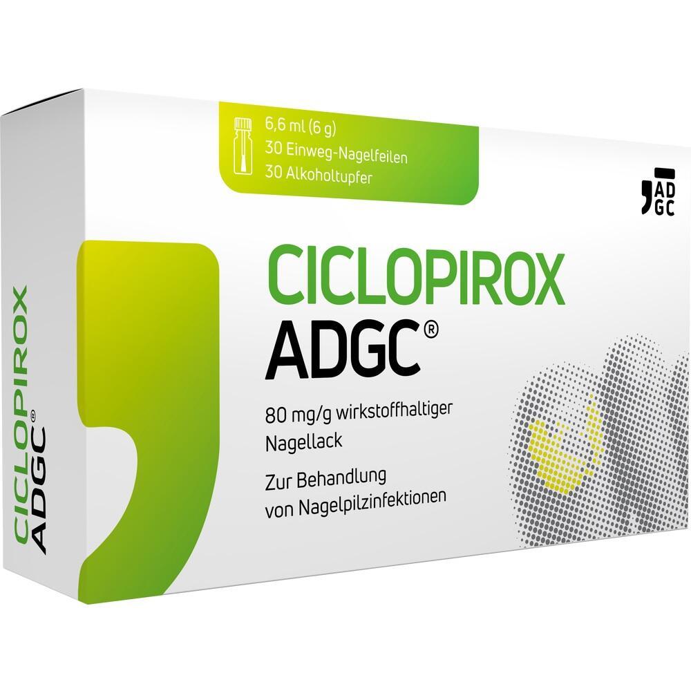Wei&szlig;e Verpackung mit der Aufschrift "Ciclopirox ADGC" gegen Nagelpilz.