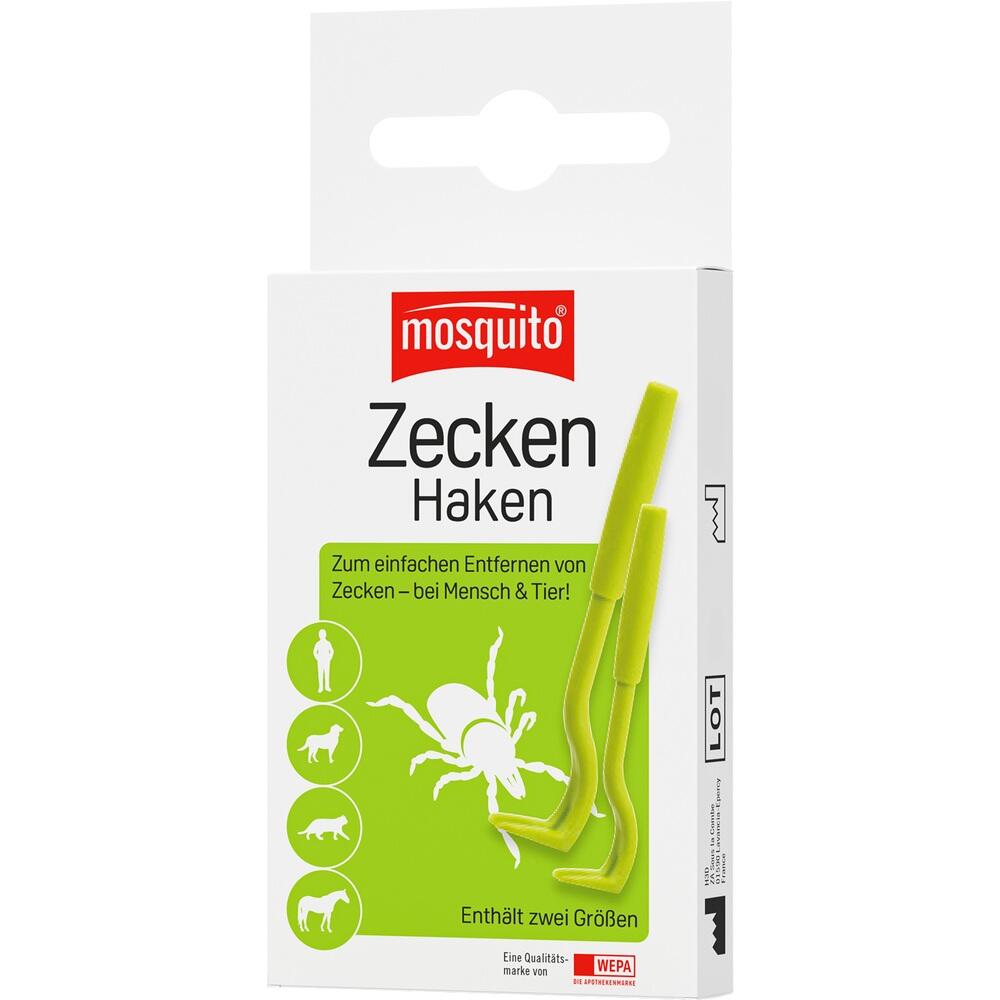Eine Packung mit zwei gr&uuml;nen Zeckenhaken zum Entfernen von Zecken.
