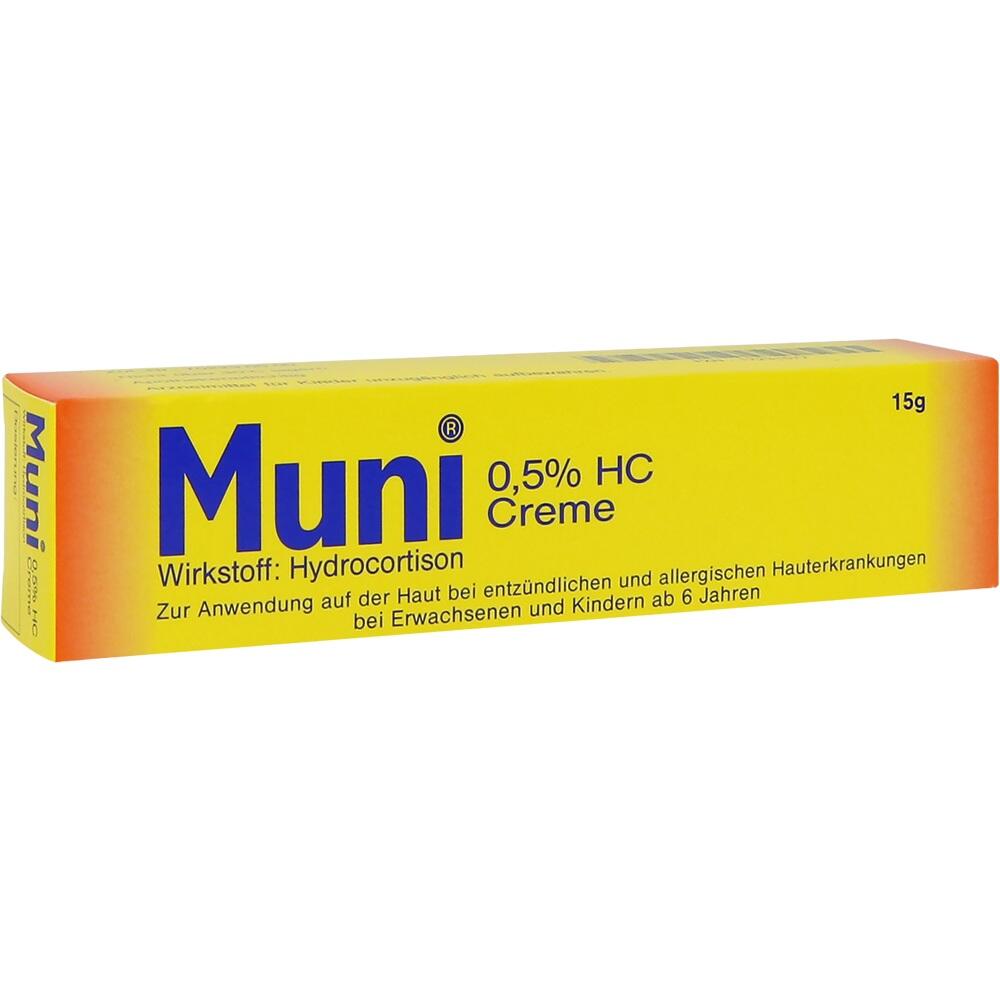 Gelbe Schachtel mit Muni Creme gegen Hautentzündungen und Allergien.