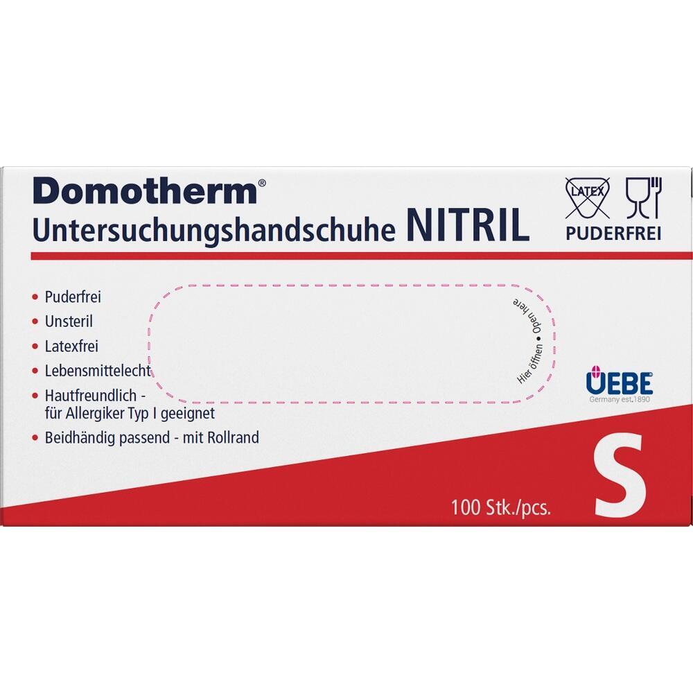 Eine Packung Nitril-Untersuchungshandschuhe in Gr&ouml;&szlig;e S von Domotherm.