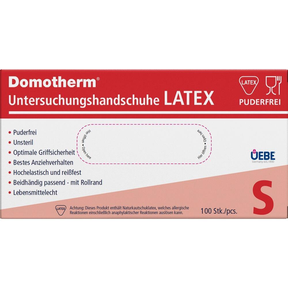 Eine Packung puderfreie Latex-Untersuchungshandschuhe der Gr&ouml;&szlig;e S.