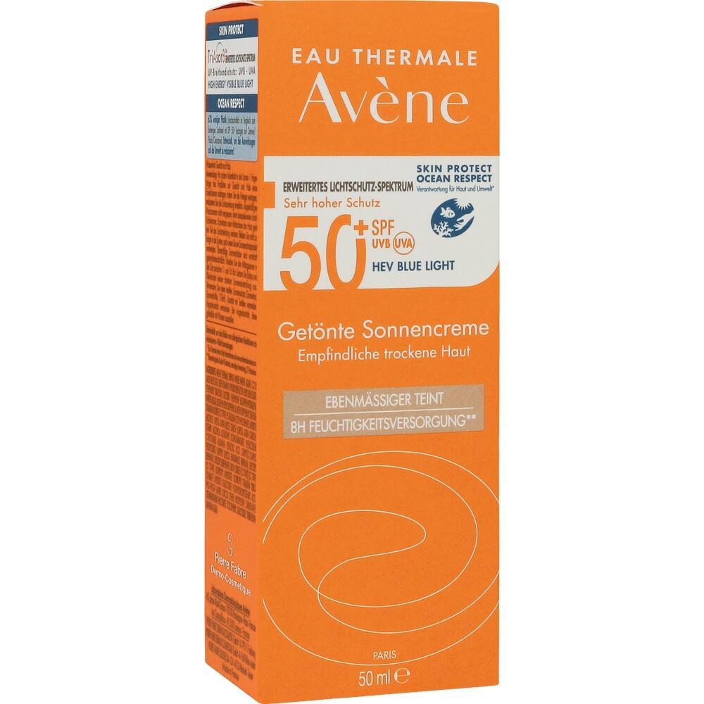 Orange Schachtel mit getönter Sonnencreme SPF 50+ für empfindliche Haut.