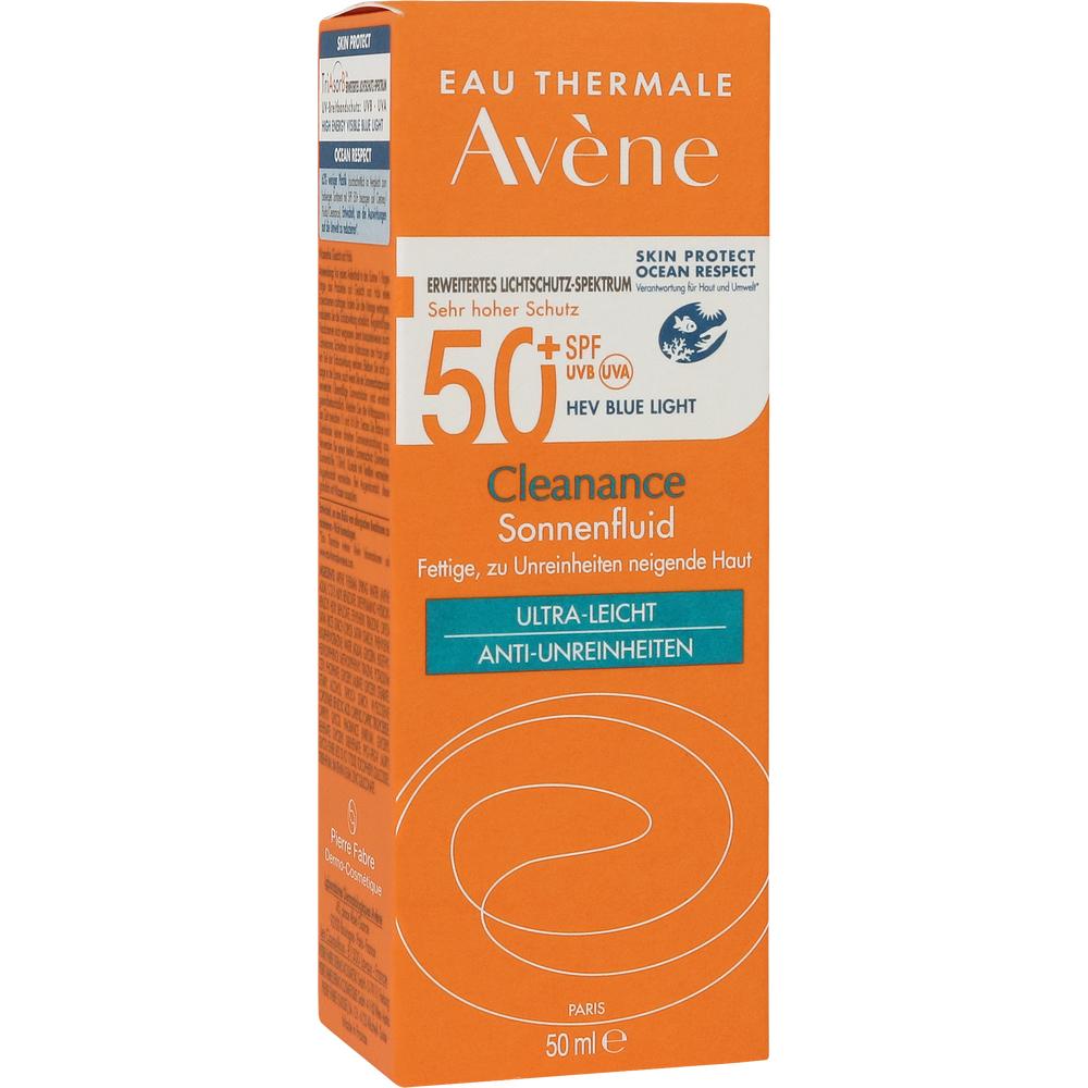 Eine orangefarbene Sonnencreme-Verpackung mit LSF 50 für unreine Haut.