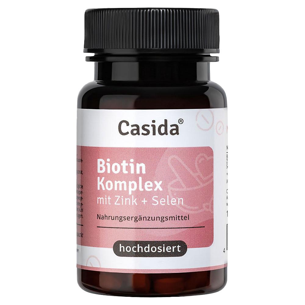 Braunes Fläschchen mit Etikett für Biotin-Komplex und dem Hinweis "hochdosiert".