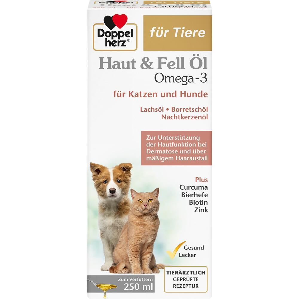 Eine Schachtel Haut- und Fellöl für Katzen und Hunde mit einem Hund und einer Katze darauf.