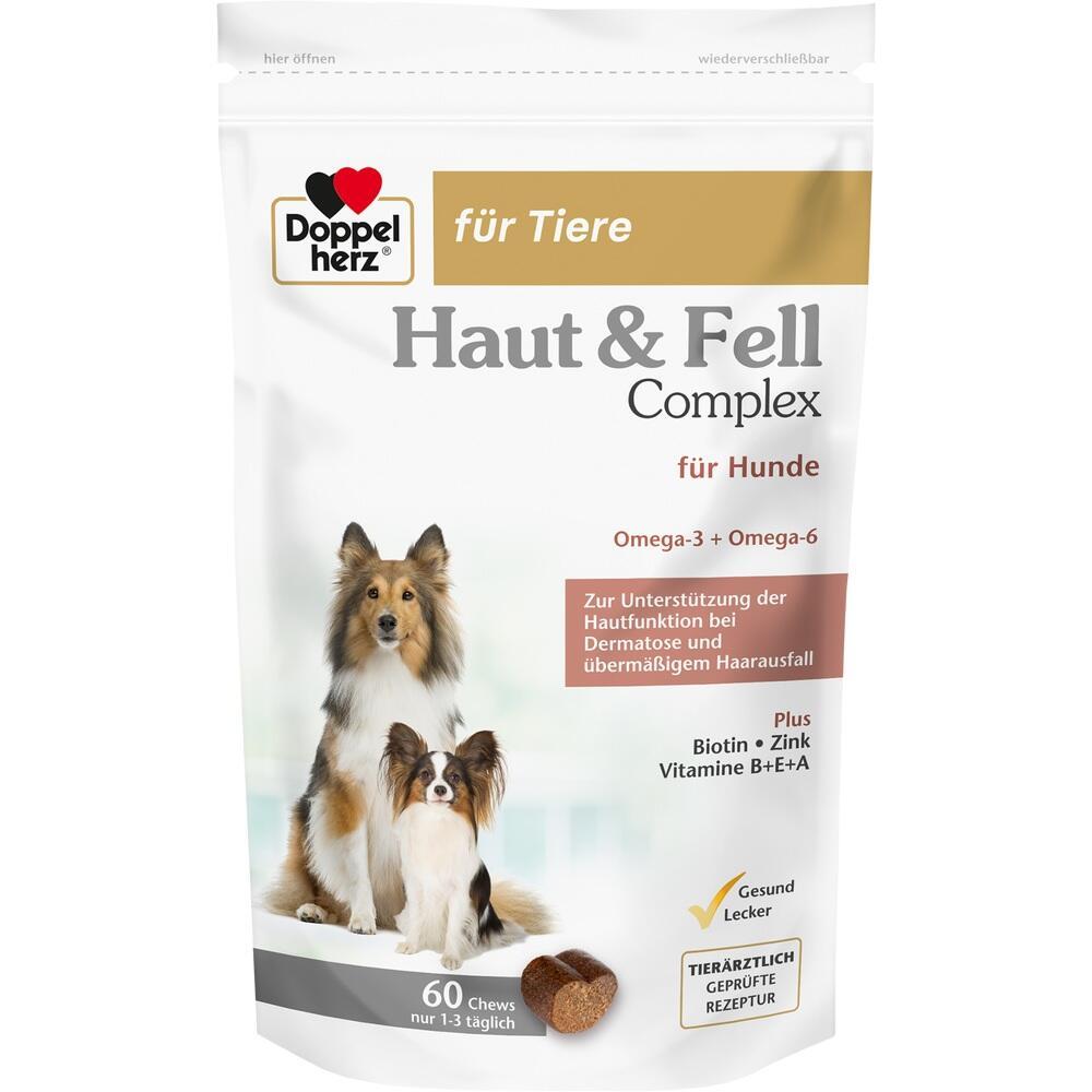 Hundeergänzungsmittel von Doppelherz für Haut und Fell mit zwei Hunden auf der Verpackung.