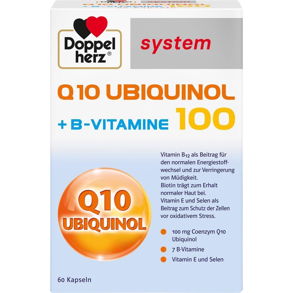 Eine Schachtel mit Nahrungsergänzungsmitteln von Doppelherz mit Q10 und B-Vitaminen.