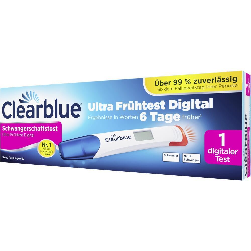 Verpackung eines digitalen Schwangerschaftstests von Clearblue mit Frühtestergebnis.