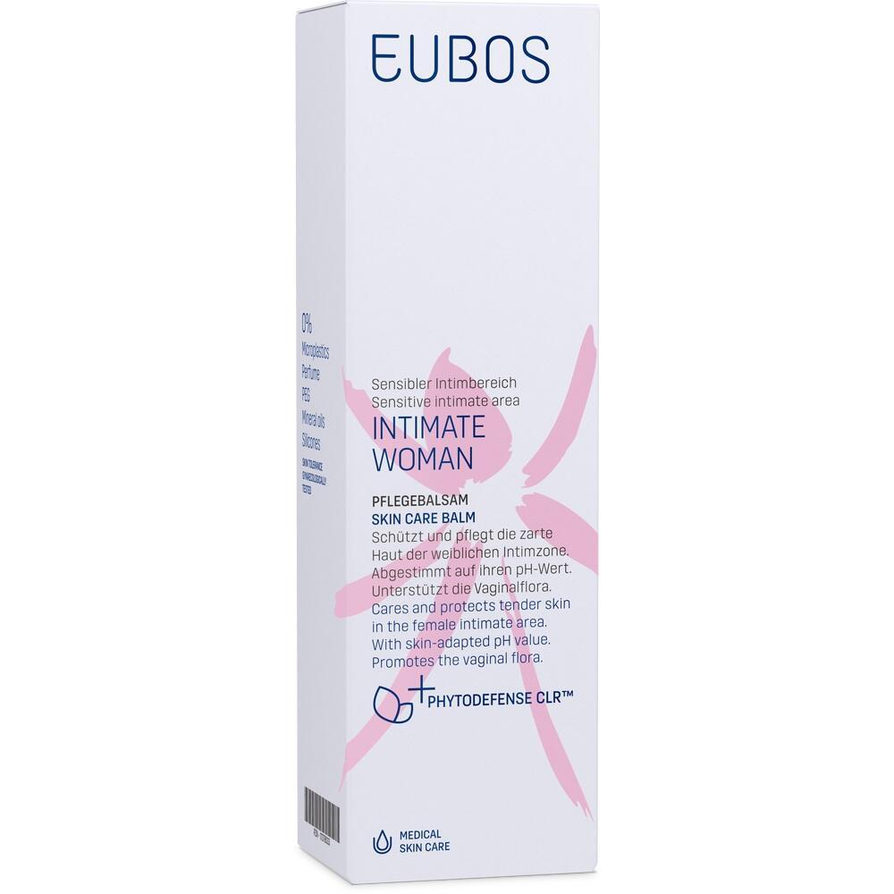 Eine weiße Verpackung mit der Aufschrift „EUBOS Intimate Woman“ für Intimpflegebalsam.