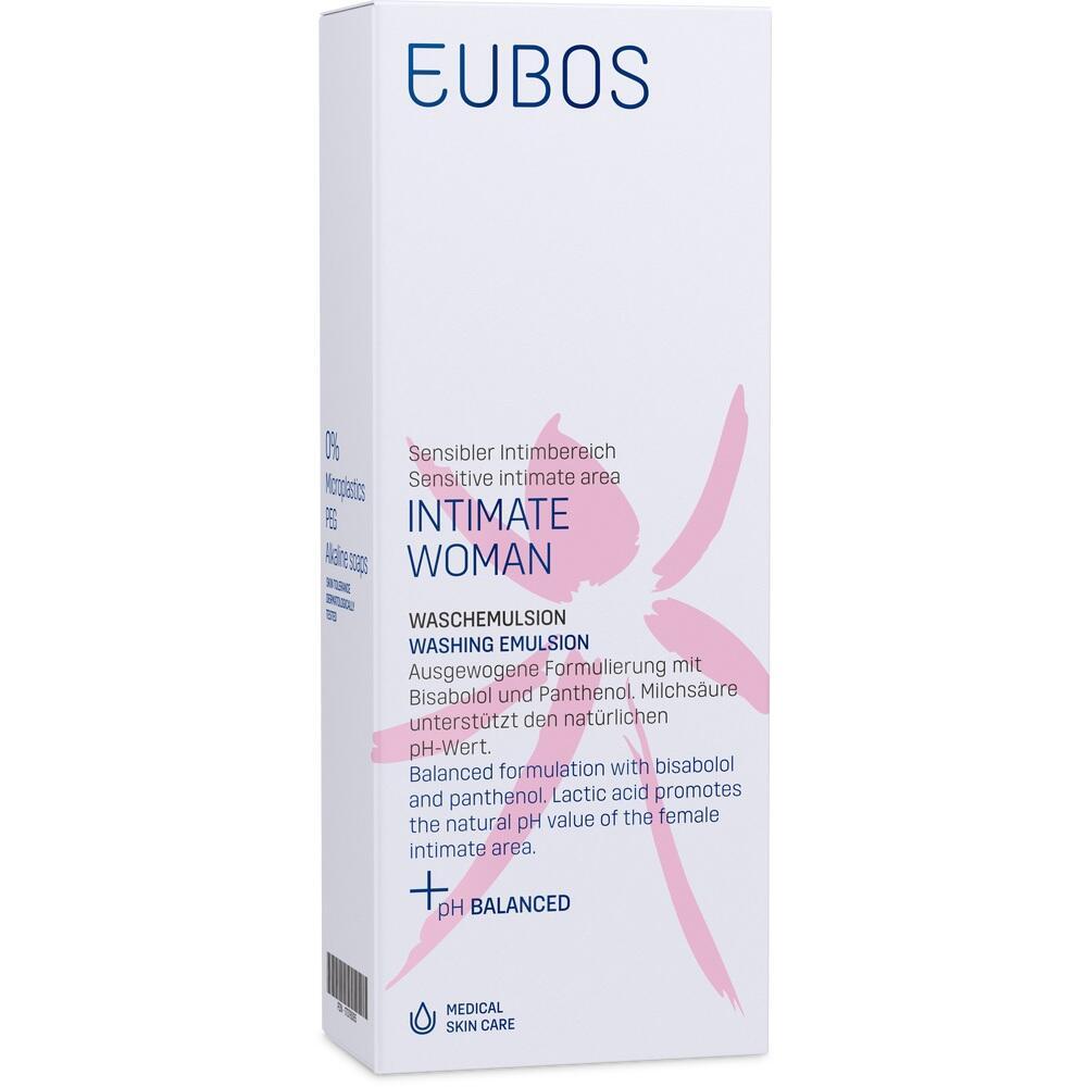 Weiße Verpackung einer Intimwaschemulsion mit rosa Elementen und blauer Schrift.