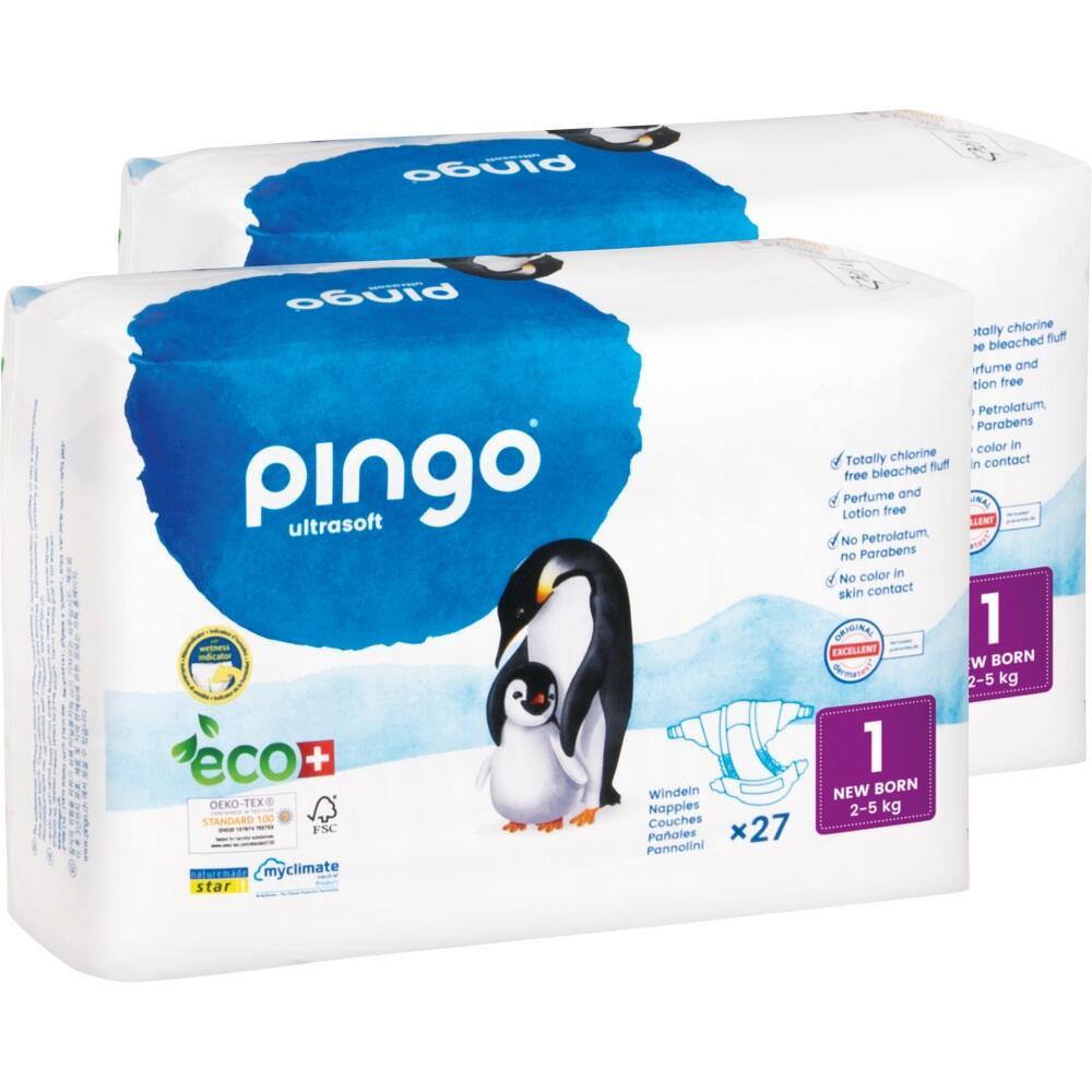 Zwei Packungen Windeln der Marke "Pingo" mit Pinguin-Motiv.