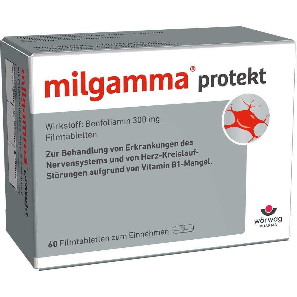 Verpackung von Milgamma protekt Tabletten zur Nerven- und Herz-Kreislauf-Behandlung.