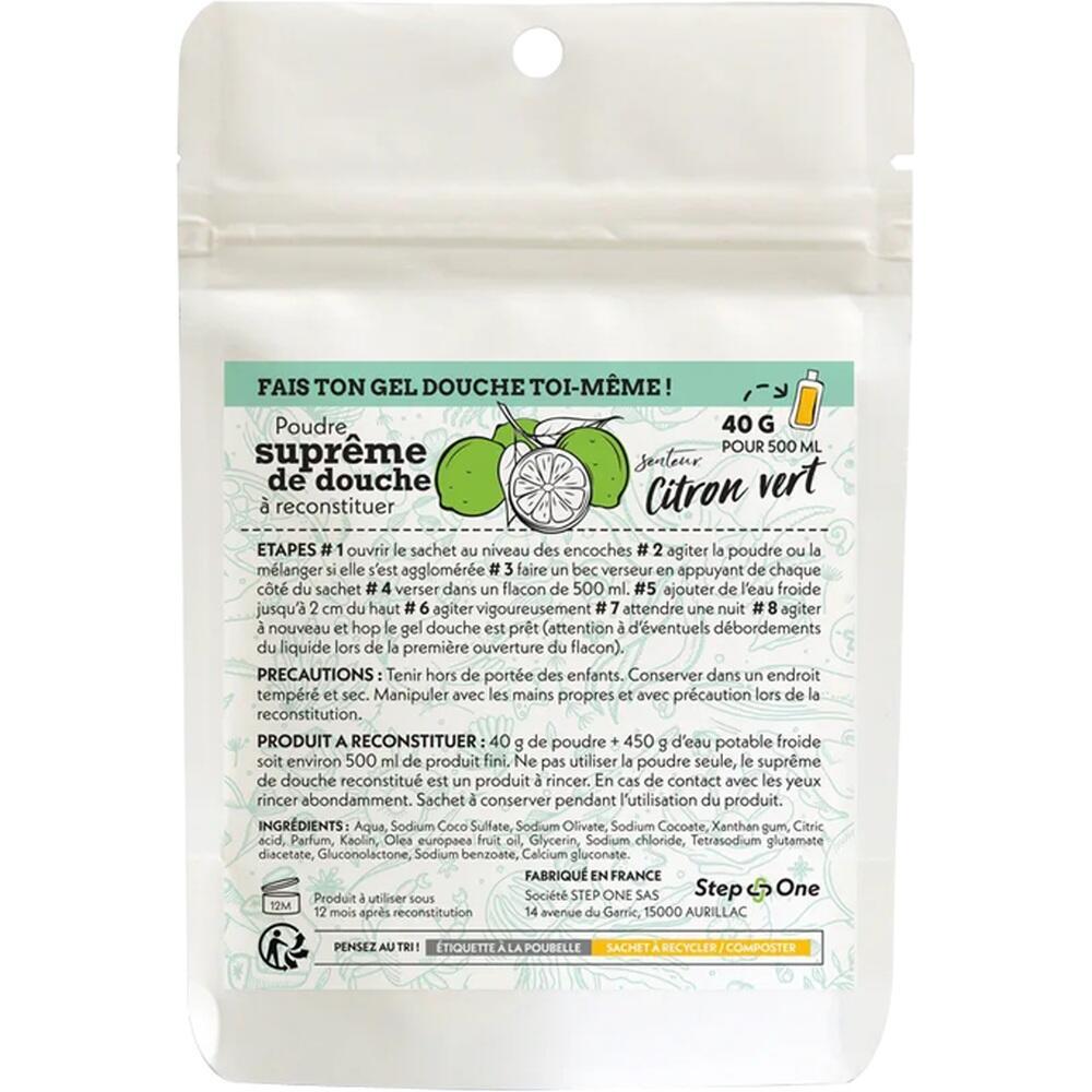 Wei&szlig;e Verpackung mit Anleitung zur Herstellung von Duschgel-Pulver mit Limettenduft.