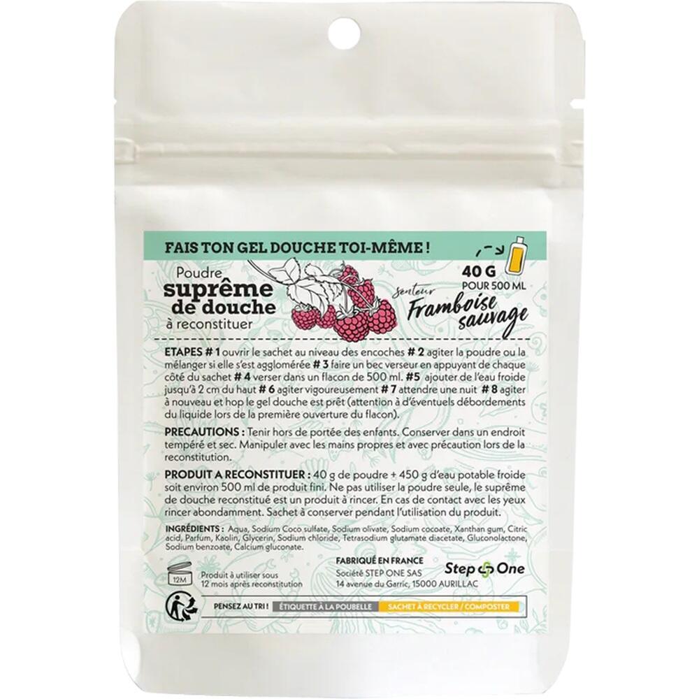 Eine T&uuml;te mit Pulver zur Herstellung von Duschgel mit Himbeergeschmack.