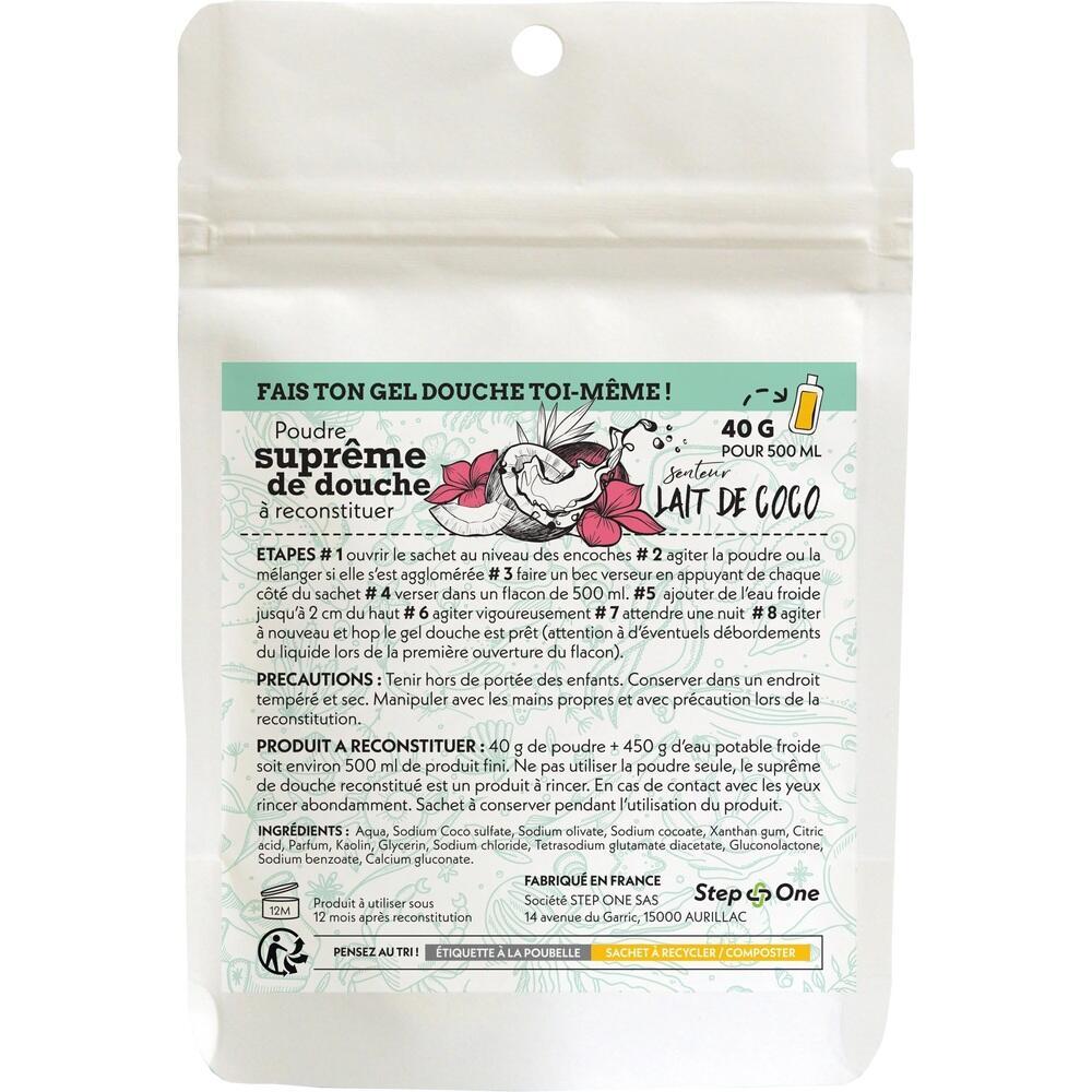 Wei&szlig;er Beutel mit Anweisungen zur Herstellung von Duschgel und Kokosnussbild.