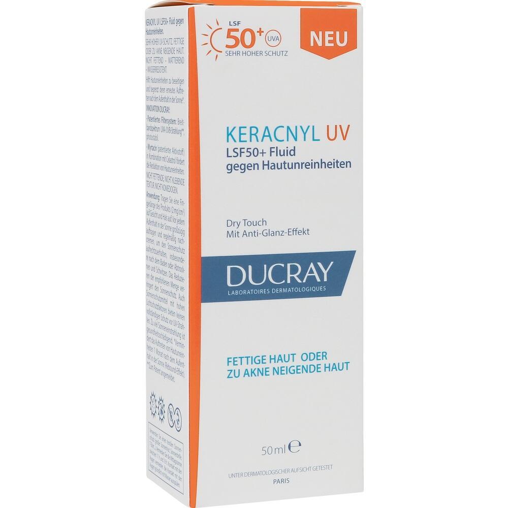 Wei&szlig;e Verpackung von Keracnyl UV Fluid mit LSF 50+ f&uuml;r Hautschutz.
