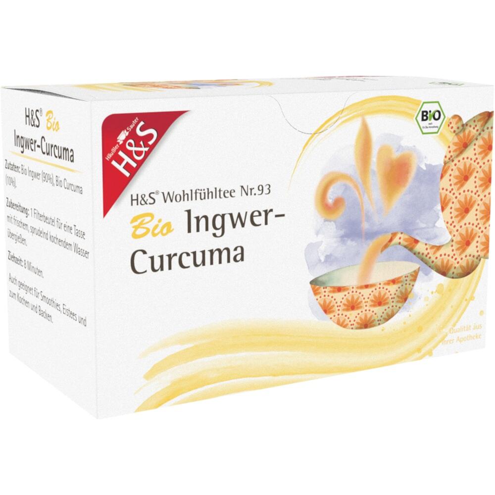 Verpackung von Bio Ingwer-Curcuma-Tee mit Bild von Ingwer und Curcuma.