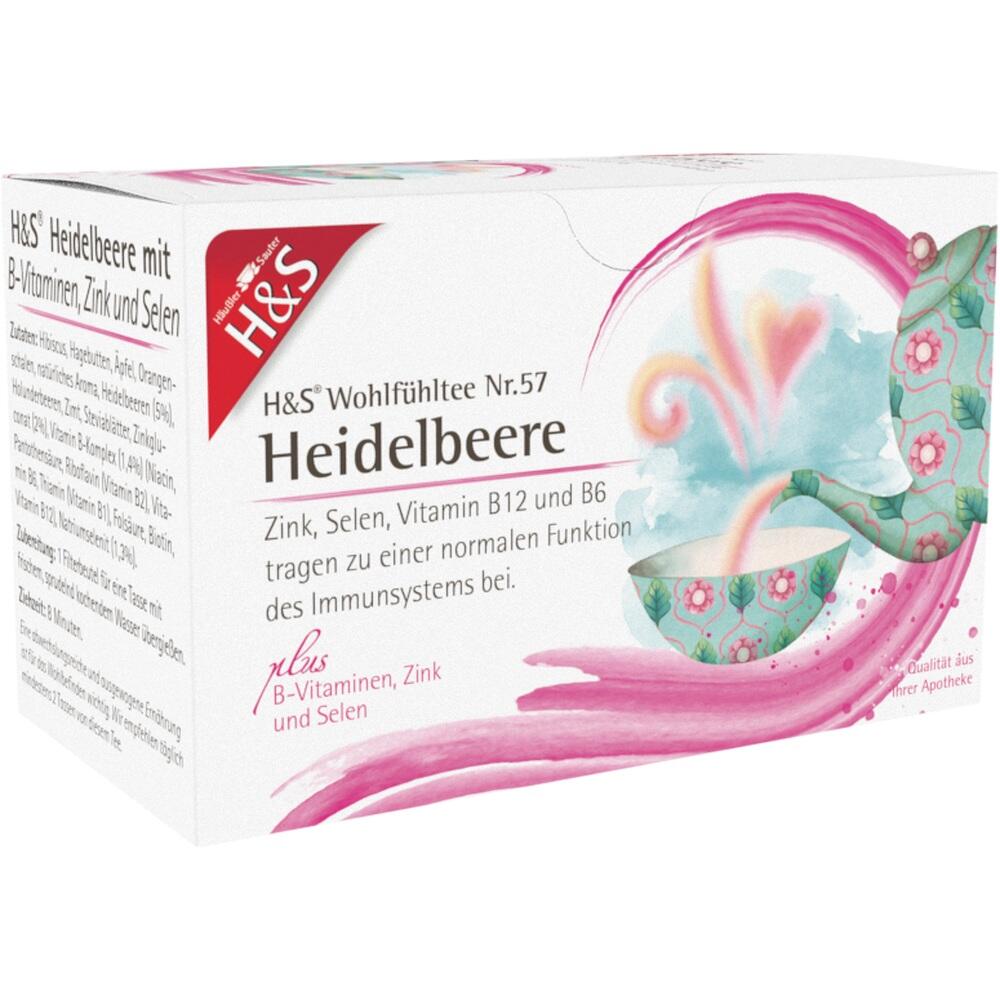 Eine Teepackung mit Heidelbeeren und Vitaminen ist abgebildet.