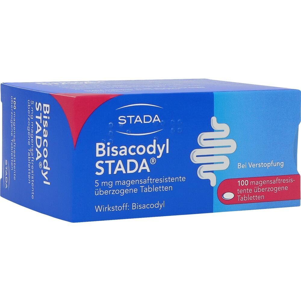 Eine blaue Schachtel mit dem Aufdruck "Bisacodyl STADA" gegen Verstopfung.