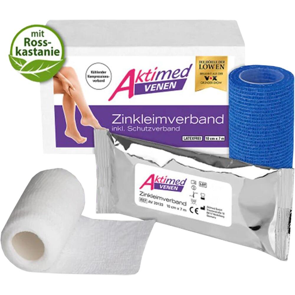 Zinkleimverband mit Rosskastanie zur Venenpflege, Verpackung und zwei Bandagen sichtbar.
