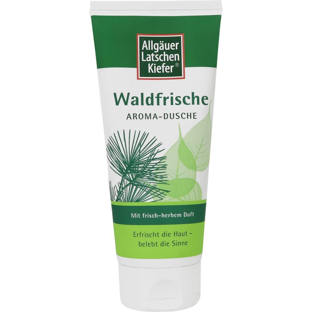 Eine weiße Tube mit grünem Etikett für Waldfrische Aroma-Dusche.