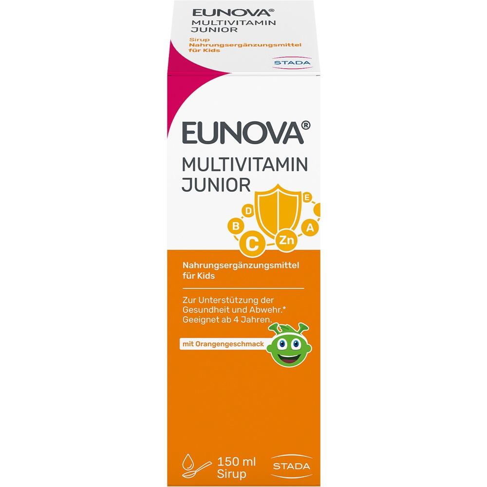 Weiße und orangefarbene Verpackung eines Multivitaminsirups für Kinder ab 4 Jahren.