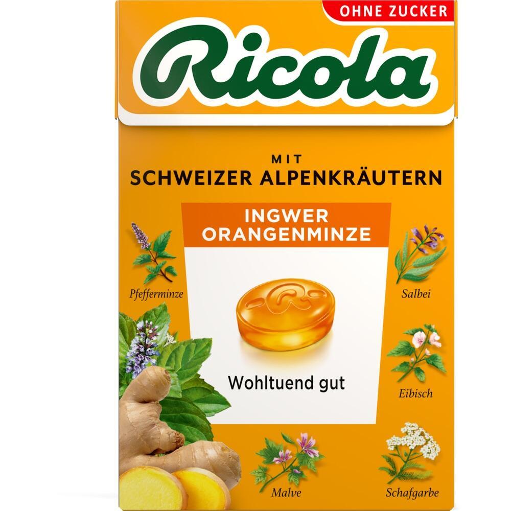 Orange Packung mit Ricola Bonbons, Ingwer-Orangenminze, ohne Zucker.