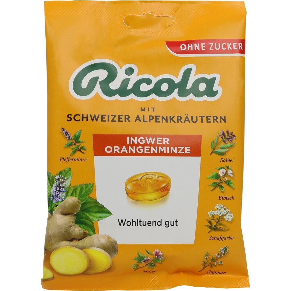 Gelbe Ricola-Verpackung mit Ingwer-Orangenminze-Geschmack ohne Zucker.