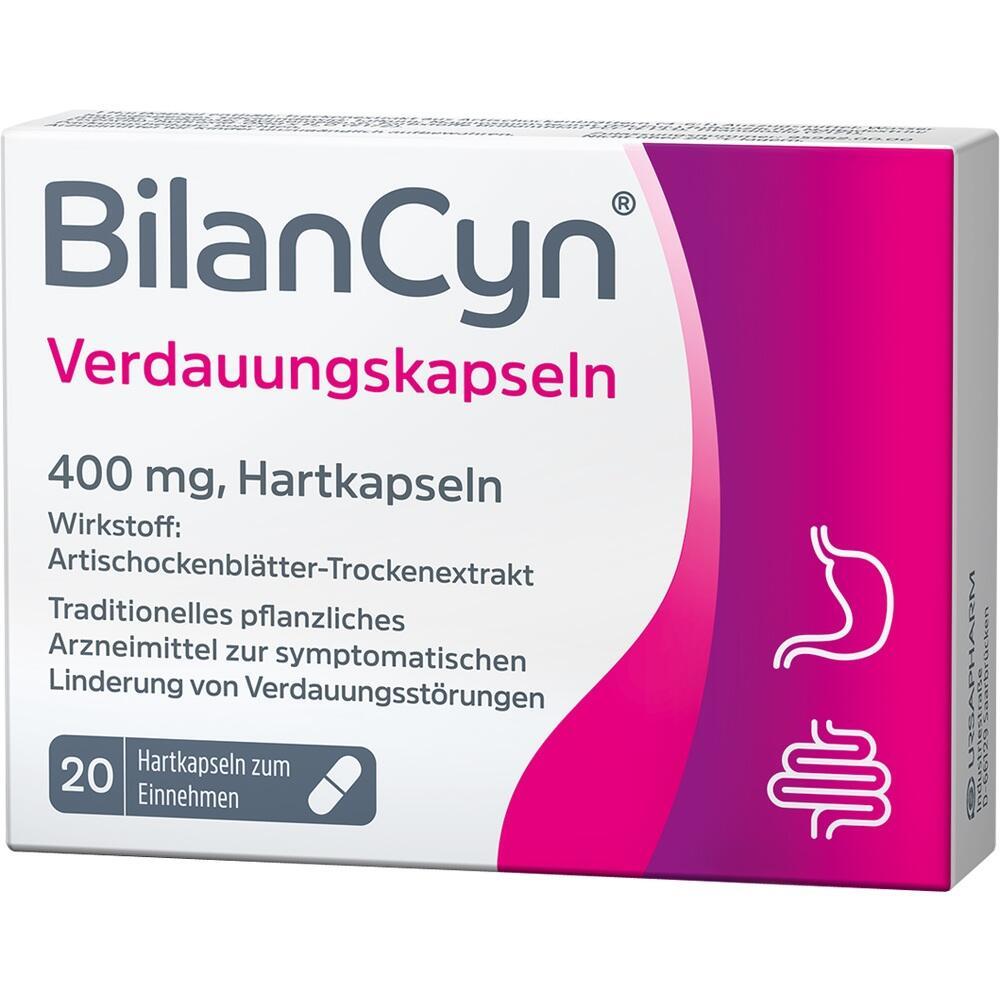 Wei&szlig;e und pinke Packung mit Verdauungskapseln, 400 mg, 20 Hartkapseln.