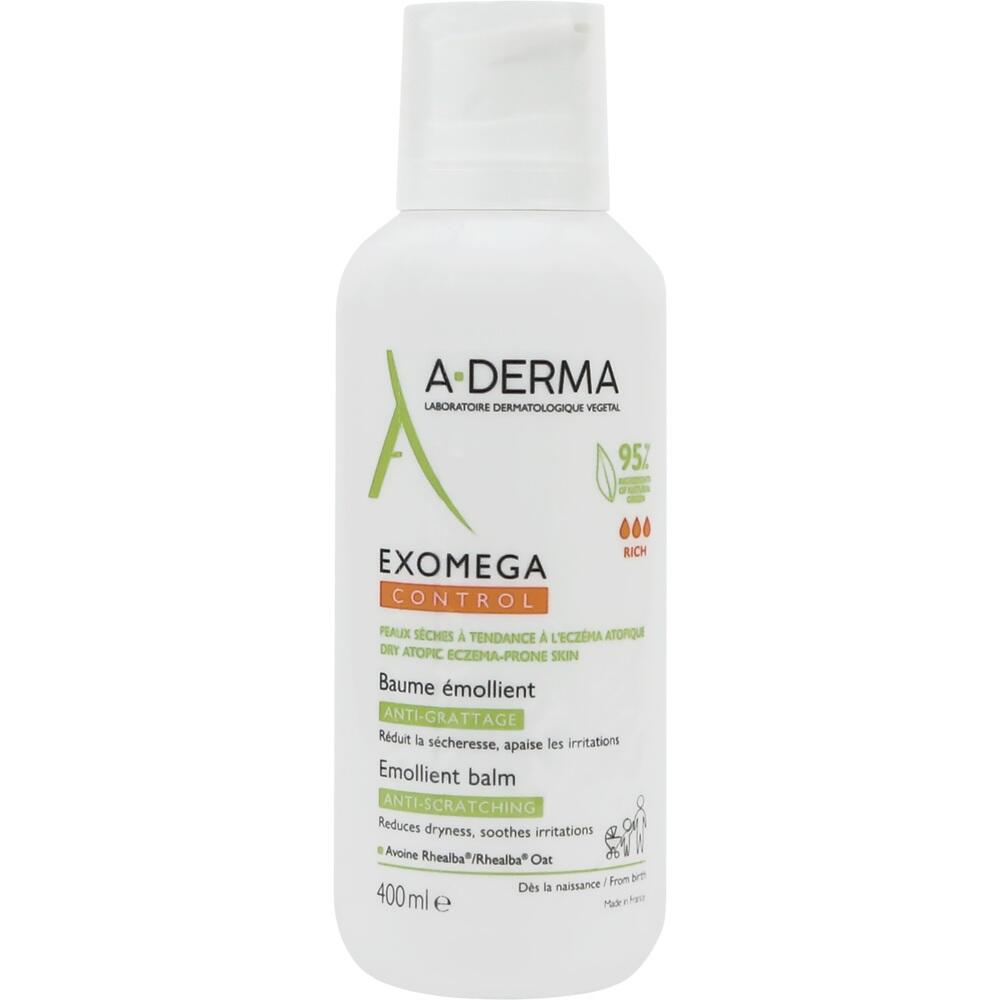Eine wei&szlig;e Flasche mit der Aufschrift "A-Derma Exomega Control".