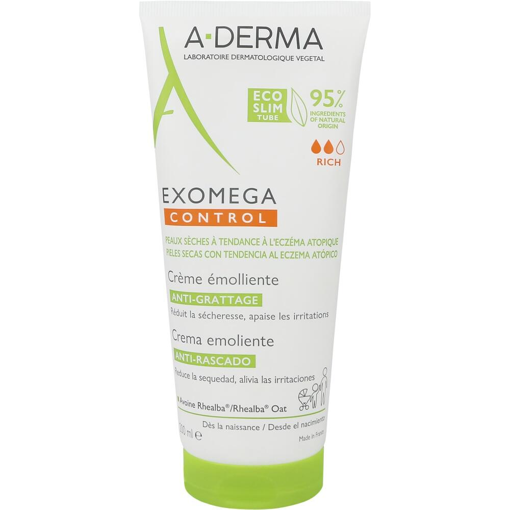 Eine Tube A-Derma Exomega Control Creme f&uuml;r trockene Haut steht aufrecht.